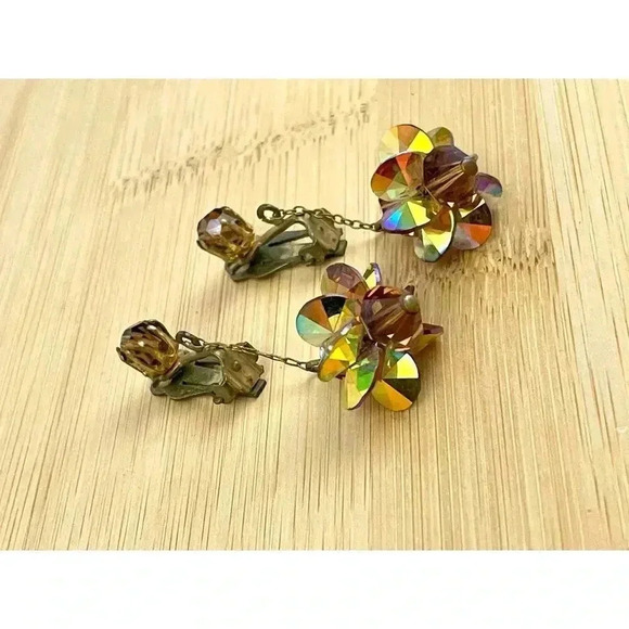 VTG Crystal Dangle Iridescent Clip on Earrings Bronze - Picture 6 of 13